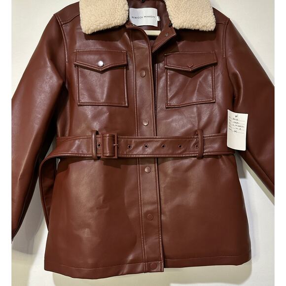 Rebecca Minkoff Faux Leather Jacket Chestnut Size Small NWT Shearling Collar - Picture 4 of 14